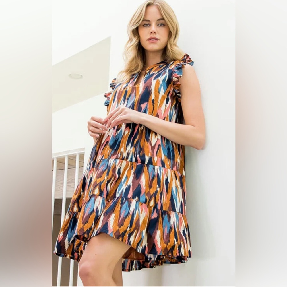 THML Blue and Orange Ruffled Tiered Mini Dress